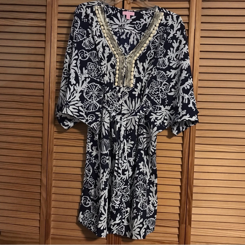 Navy and White “In the Groove” Dress with Gold Accents EUC